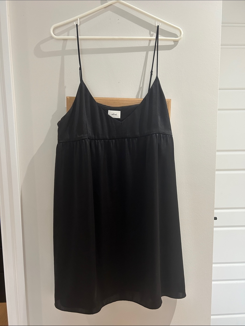 Wilfred Black Satin Slip Dress with Spaghetti Straps